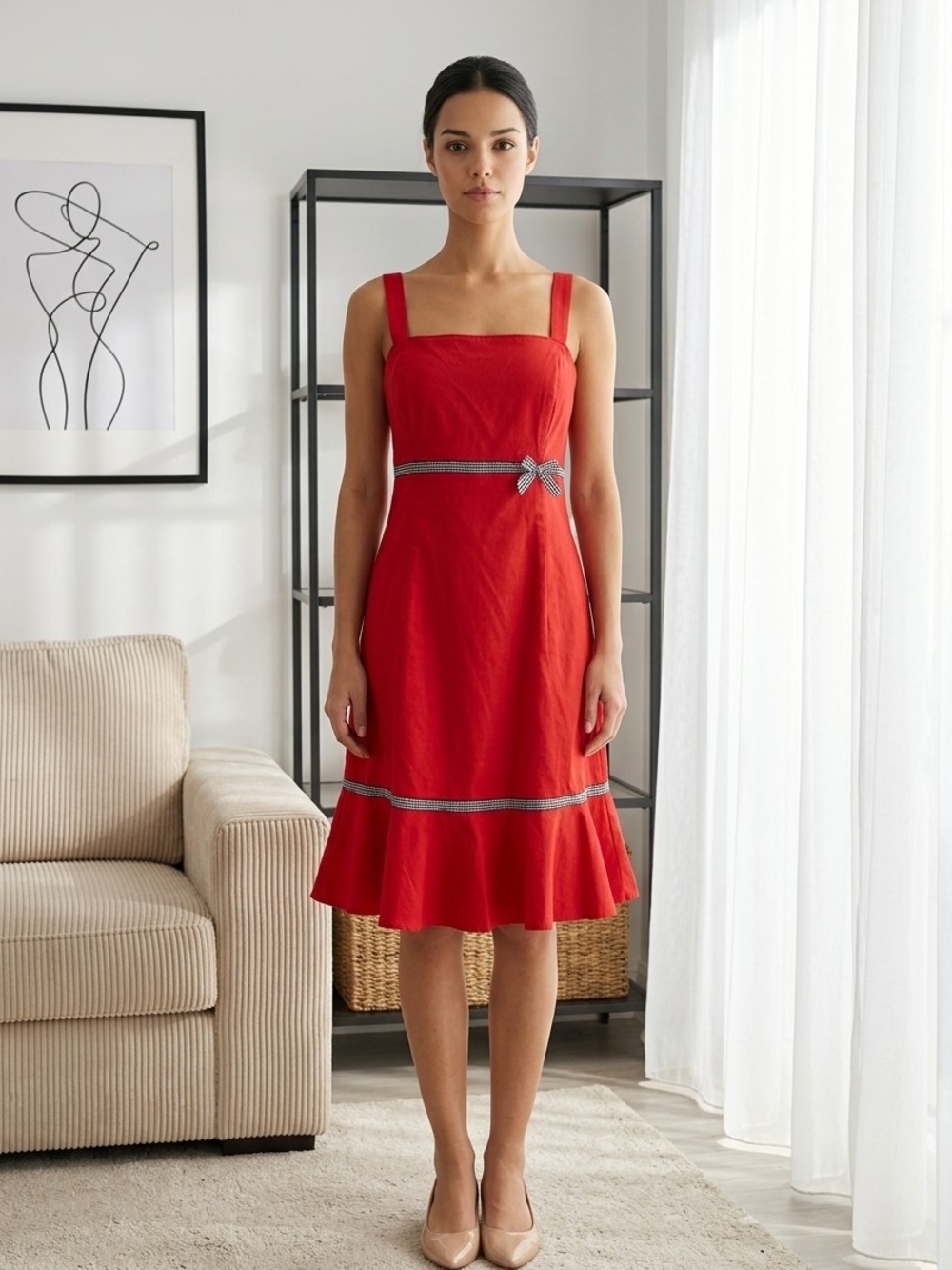 madison leigh Red Square-Neck Midi Dress with Contrast Trim and Bow